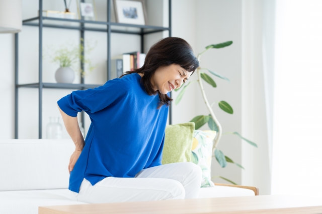 ソファに座って腰を押さえる女性